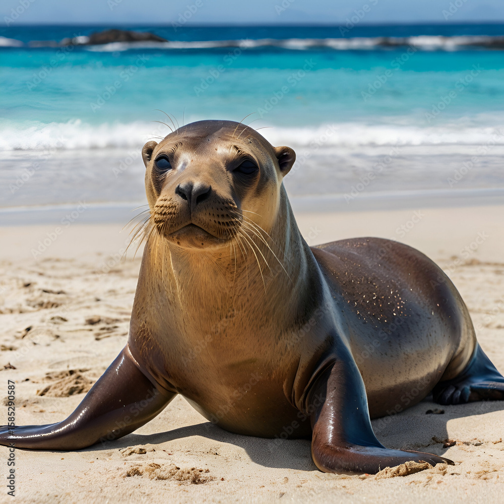 Obraz premium Galápagos Sea Lion Resting Peacefully on Sandy Beach by Clear Turquoise Sea