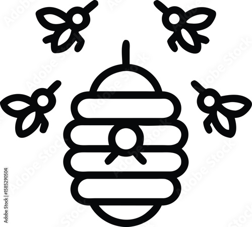 Black silhouette illustration of a beehive with several flying bees in a decorative design