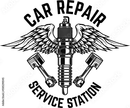 Winged motorcycle spark plug. Design elements for logo, label, sign, menu. Vector illustration