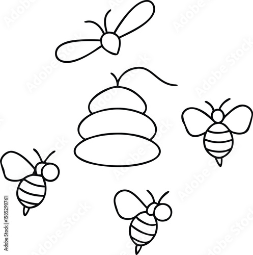 Black silhouette of a detailed honeycomb structure with bees in flight imagery