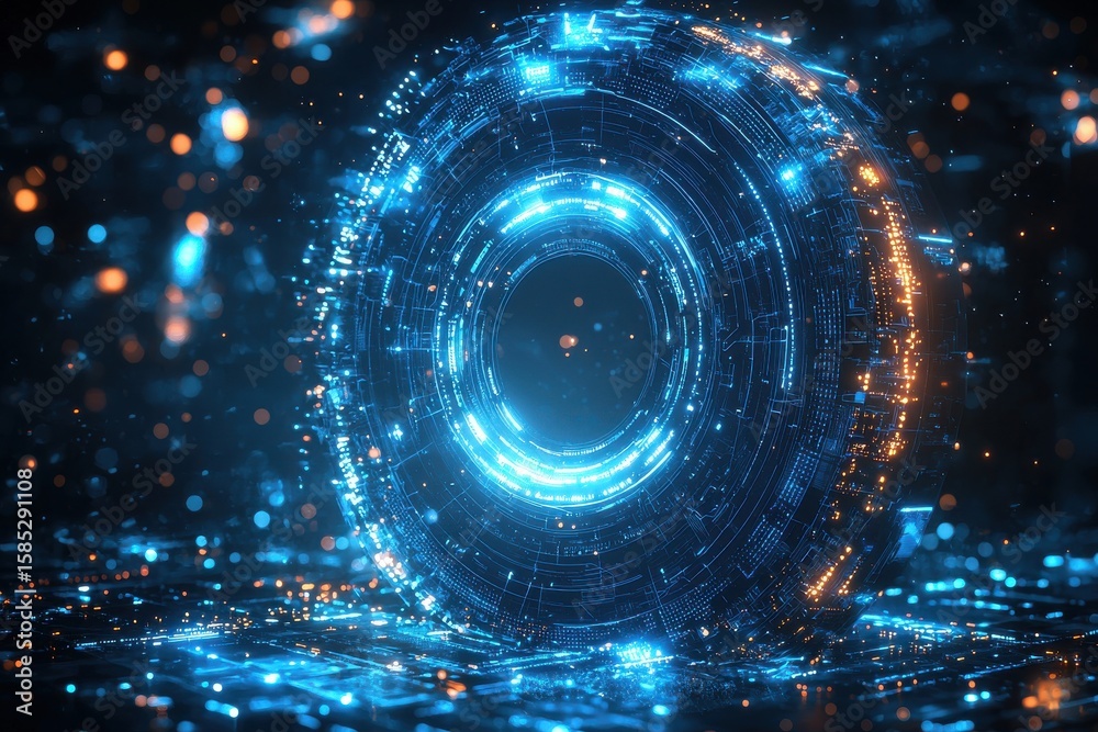 Obraz premium Futuristic glowing holographic blue circular interface in digital space