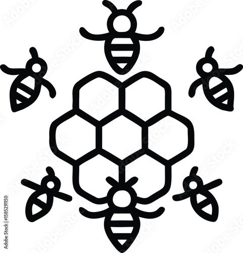 Artistic silhouette design of a honeycomb and bees in circular arrangement