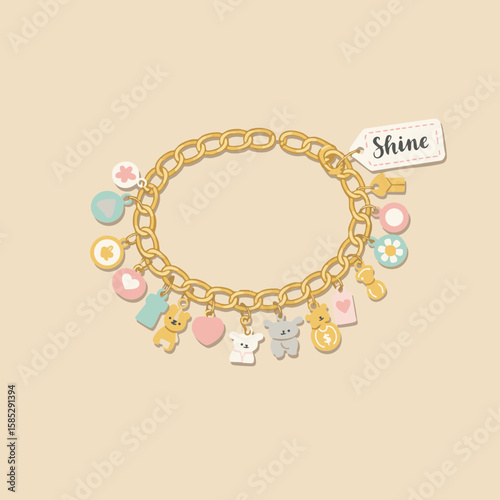 Charm Bracelet with ‘Shine’ Label Flat Style Icon