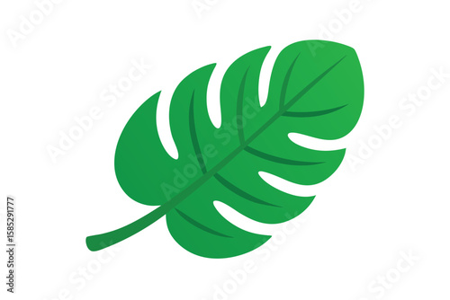 Lush Green Tropical Leaf In Childlike Cartoon Hand On White