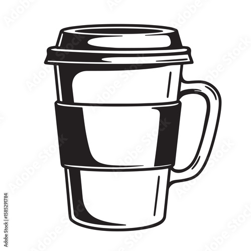 A classic black and white outline illustration of a takeaway coffee cup with a lid and handle for cafes