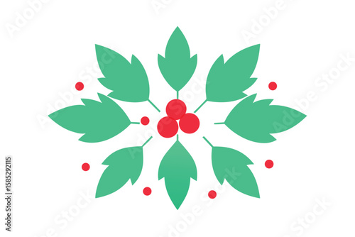 Minty Green Herbs And Bright Red Berries In Boho On White