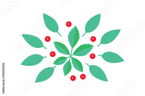 Minty Green Herbs And Bright Red Berries In Boho On White