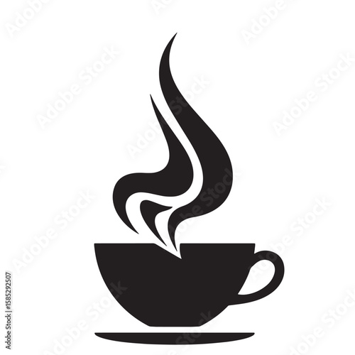 A simple black and white illustration of a steaming cup of coffee or tea isolated on a white background.
