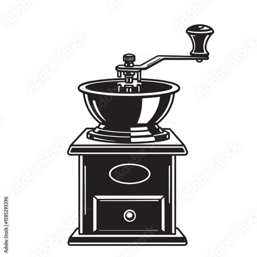 A vintage manual coffee grinder in black and white illustration ideal for coffee shops or cafes with artistic design