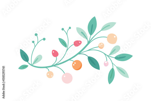 Pastel Berries And Watercolor Herbal Vines In Boh On White
