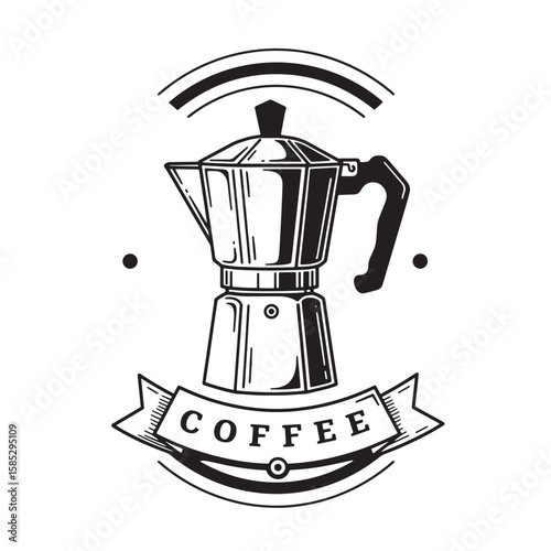 Black and white illustration of a classic italian coffee maker with a "coffee" banner and decorative elements.