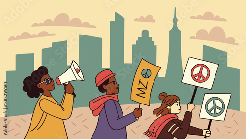 People marching with peace signs and a megaphone in front of a city skyline illustration