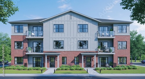 New residential building features modern design with multiple balconies in sunny neighborhood