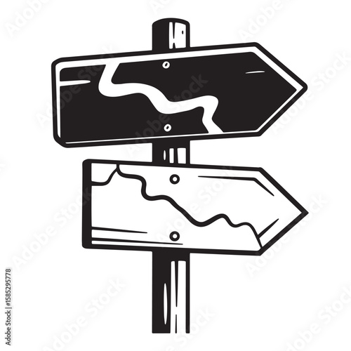 Black and white illustration of two wooden directional signposts showing different directions and options.
