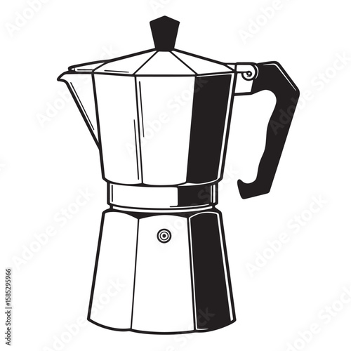 Classic black and white moka pot illustration depicting coffee preparation and italian beverage culture for design purposes