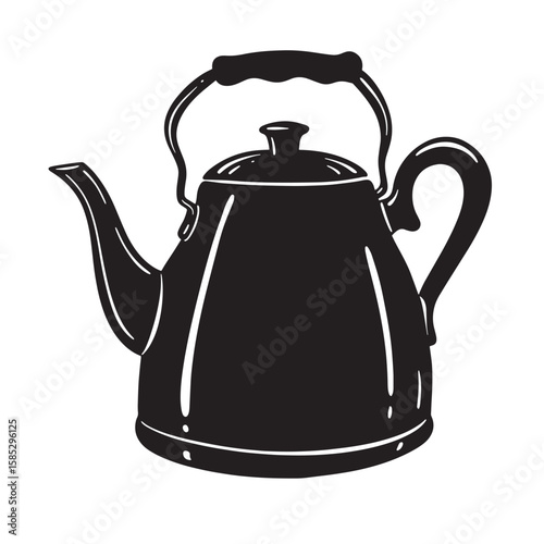 Classic black kettle illustration featuring handle and spout for kitchenware beverages and tea time concepts