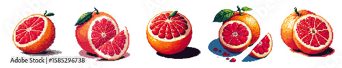 Five vibrant grapefruit illustrations, showcasing the fruit whole, halved, and segmented, with artistic rendering and shadowing.