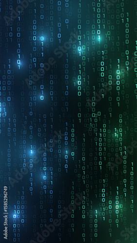 Vector digital code rain in a Matrix inspired futuristic style. High-tech backdrop with glowing binary characters. Binary Software Programming Code Background. Digital Data Technology Concept.