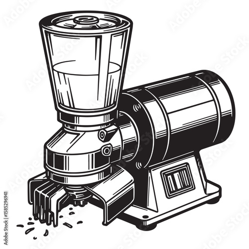 Detailed vintage line art illustration of a coffee grinder showing the mechanism and the process of grinding beans