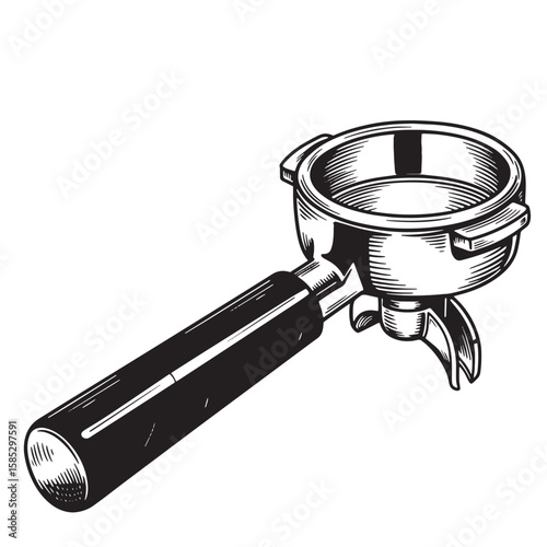 Hand drawn black and white illustration of a professional espresso machine portafilter element for coffee brewing