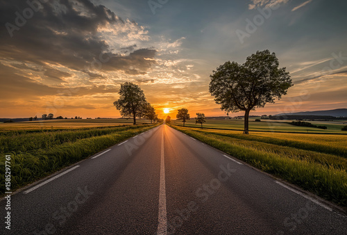 A long road leading into the distance, with green fields on both sides and trees along it