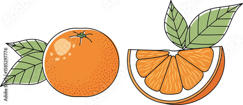 A whole orange and a juicy orange slice with leaves.