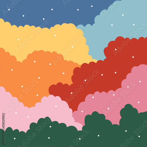 Hand drawn Multicolor Background Night Sky With Stars and Clouds