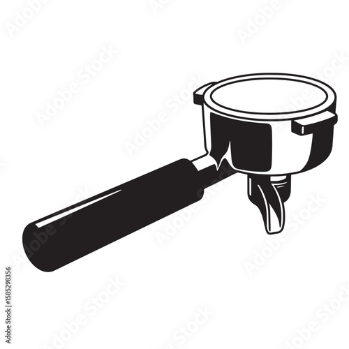 Illustrative black and white image of an espresso machine portafilter perfect for coffee shop branding and cafe design