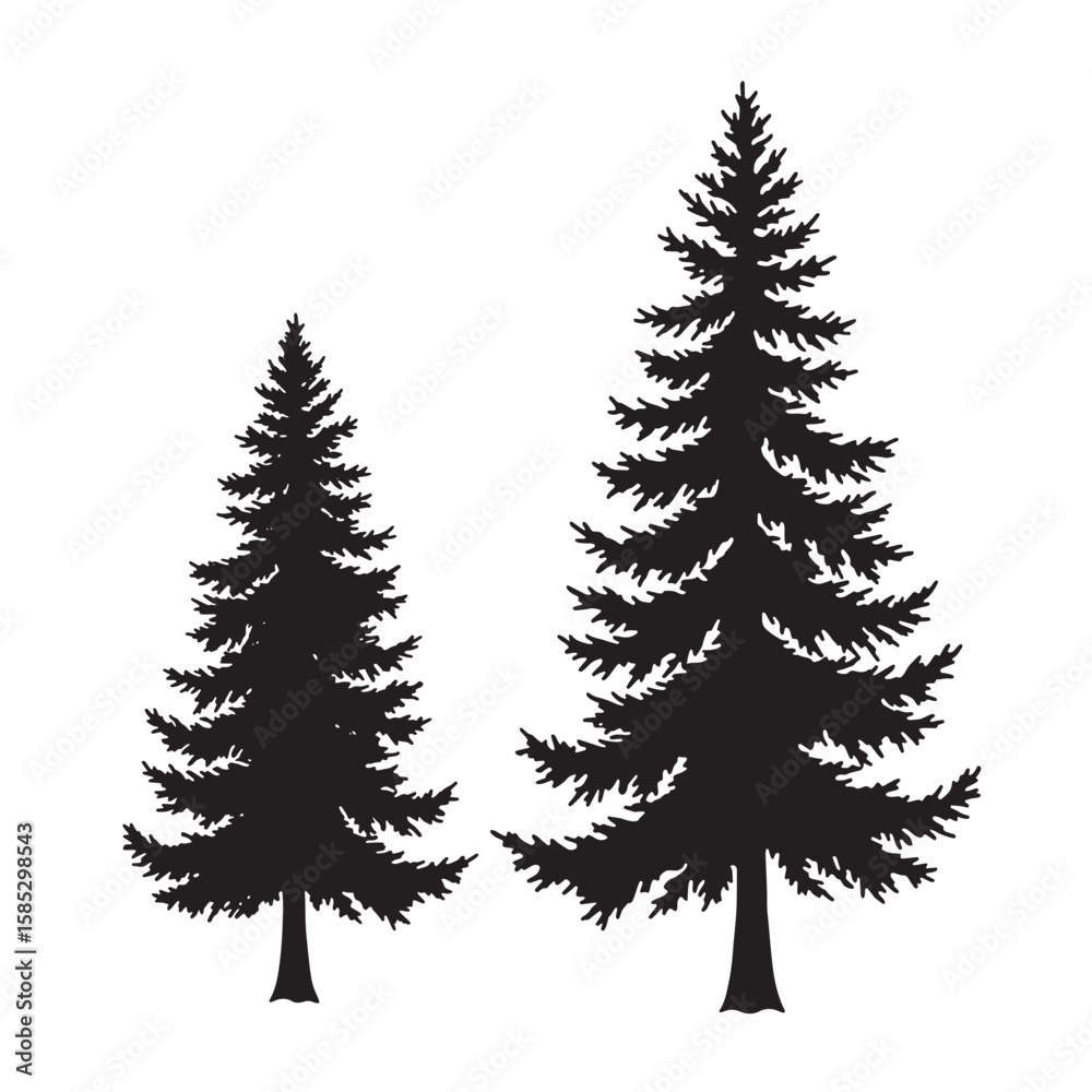 Obraz premium Silhouette illustration of two evergreen coniferous trees in black color representing nature and outdoor concepts.