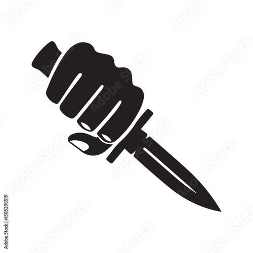 Hand holding a knife silhouette. Vector icon symbolizing crime, murder, and danger. Threatening stabbing gesture with a weapon.
