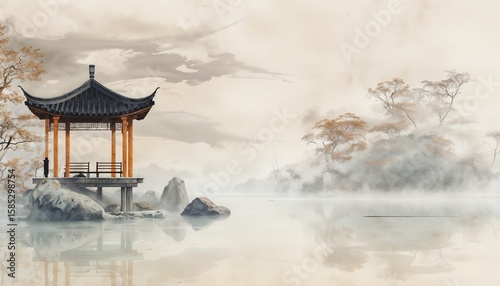 Tranquil East Asian Pavilion Above Still Water Surrounded By Mist