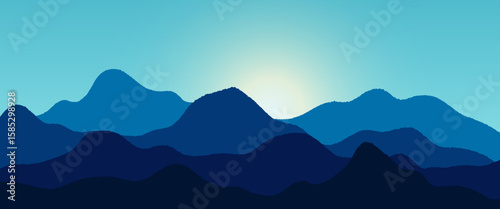 Mountains landscape. Mountains silhouettes panorama at morning. Vector forest hiking background