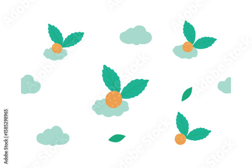 Watercolor Pattern With Mint Sprigs And Cloudberries