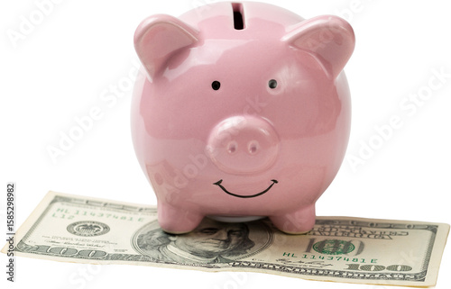 Pig piggy bank on the background of 100 US dollar bills and physical coins of bitcoins. Concept of wealth and exchange..