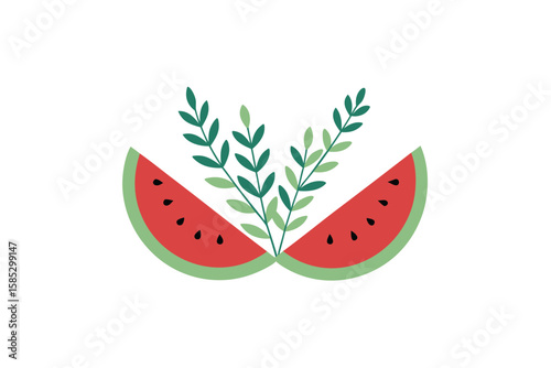 Watermelon Wedges With Hand Drawn Herb Sprigs In Boho