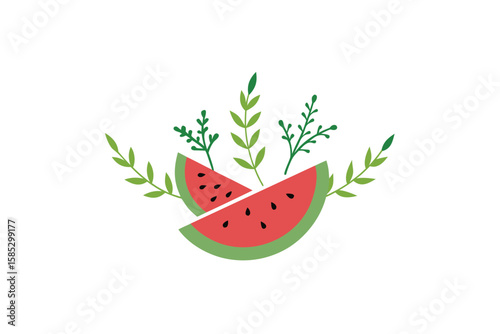 Watermelon Wedges With Hand Drawn Herb Sprigs In Boho