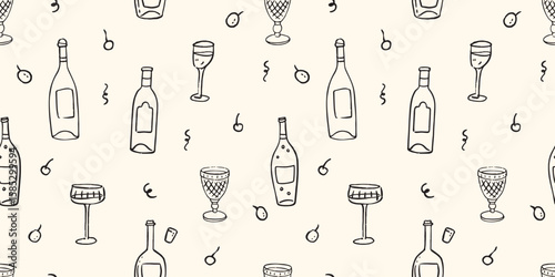 Vector hand drawn trendy wedding cocktails, wine glasses and bottles outline illustration. Elegant flat minimalist seamless pattern for wedding invitations, menu design