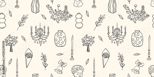 Vector hand drawn trendy summer wedding flowers, vase, candle chandelier outline illustration. Elegant flat minimalist modern seamless pattern for wedding invitations, menu, graphics and design
