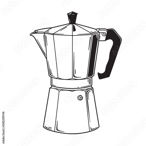 Vector illustration of a classic italian moka pot in black and white coffee brewing equipment design for cafe menus and kitchen decor