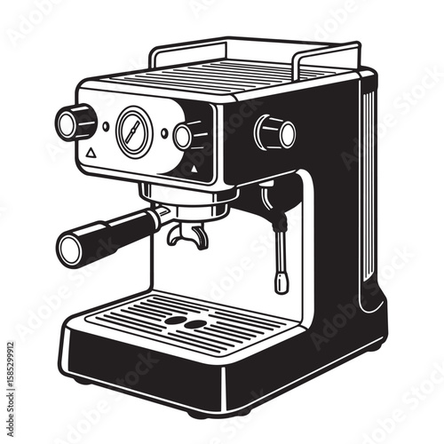 Vector illustration of a modern black and white espresso machine for coffee shop or home kitchen use.
