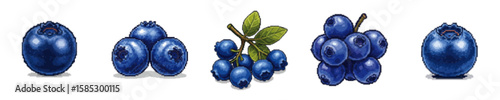 Various arrangements of ripe, dark blue blueberries, some with leaves, presented on white.