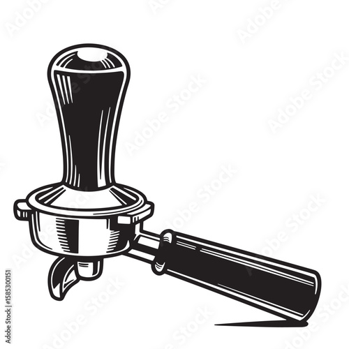 Vintage black and white illustration of an espresso machine portafilter perfect for coffee shop logos and cafe designs