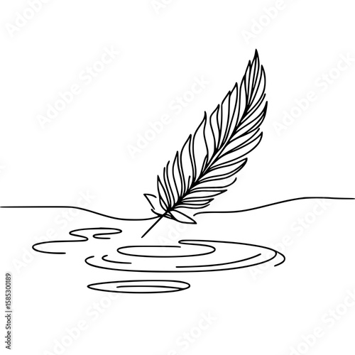 Feather pen dipping into water creating ripples and calmness  