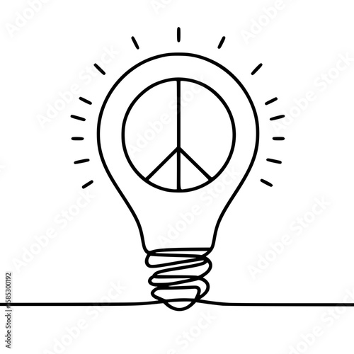 Light bulb with peace symbol in simple line art design for peace day  
