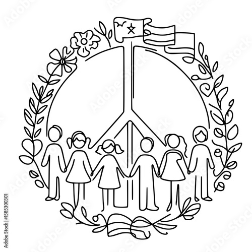 People holding hands around peace symbol and floral wreath, concept of peace day  
