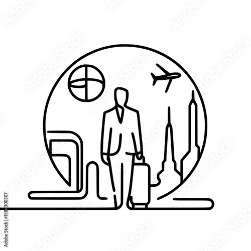 Businessman walking with suitcase in cityscape outline design, Concept of single line outline vector peace day  
