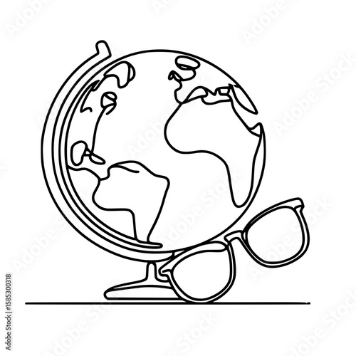 Single line outline vector of a globe with sunglasses beside it  