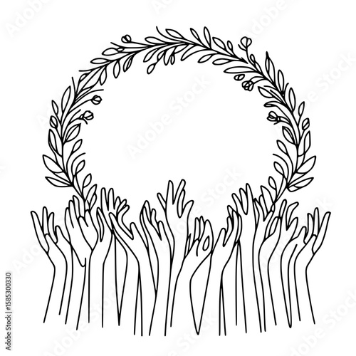 Hands reaching toward a leafy wreath in single line outline style  