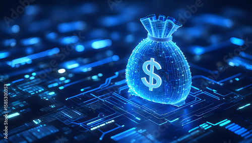 Digital Money Bag on Circuit Board Background Technology and Finance