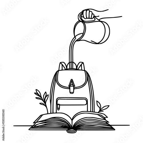 Hand pouring water into a backpack beside an open book concept of single line outline vector  